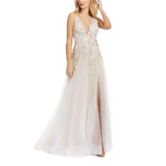 Mac Duggal Floral Plunging Tulle Gown