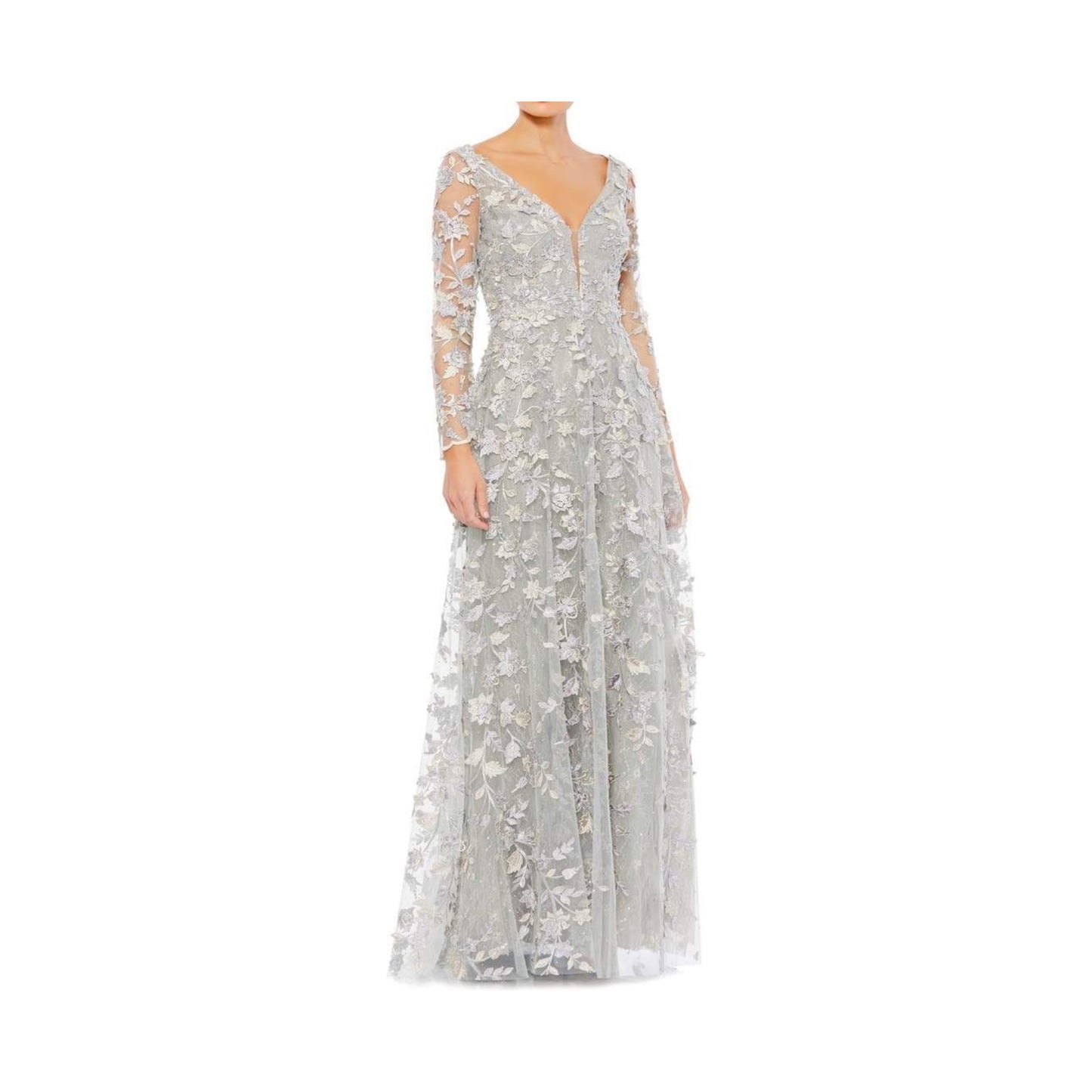 Mac Duggal Floral Long Sleeve A-Line Gown